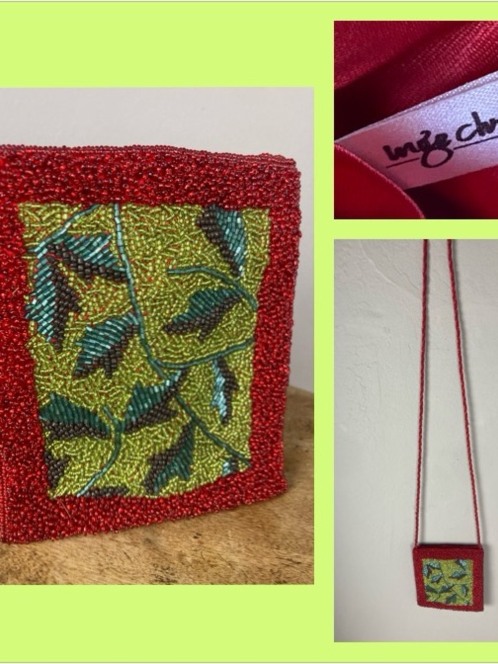 Inge Christopher Vintage Hand Beaded Mini Crossbody Shoulder Pouch Red Leaf